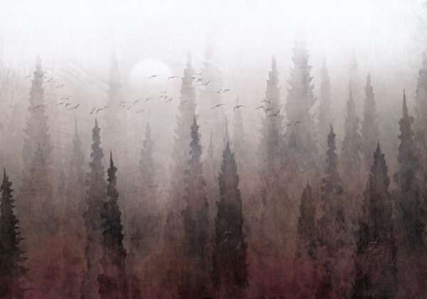 Fotótapéta - Bird's flight over treetops - landscape of a dark forest in fog